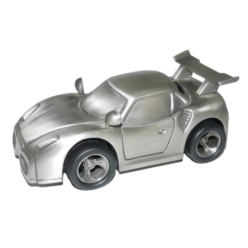 SHERIDAN silver race car piggy bank coin still non tarnish pewter 4.75" long